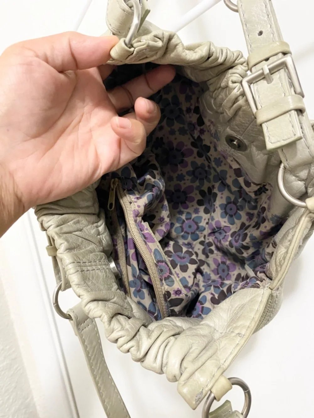 Fossil Gray Buckle  Strap Bucket  Shoulder Bag .